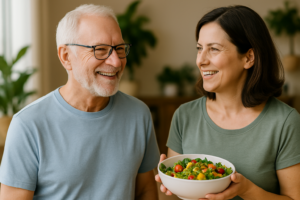 Um homem idoso de cabelo grisalho e barba curta, usando uma camiseta de manga curta azul-clara, sorri enquanto conversa com uma mulher de meia-idade que segura uma tigela de salada com folhas verdes e tomates. Eles estão em um ambiente interno iluminado, com plantas desfocadas ao fundo, transmitindo harmonia, saúde e vitalidade.