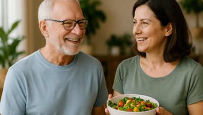 Um homem idoso de cabelo grisalho e barba curta, usando uma camiseta de manga curta azul-clara, sorri enquanto conversa com uma mulher de meia-idade que segura uma tigela de salada com folhas verdes e tomates. Eles estão em um ambiente interno iluminado, com plantas desfocadas ao fundo, transmitindo harmonia, saúde e vitalidade.