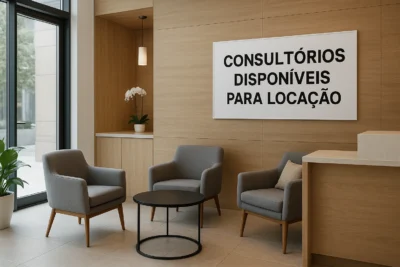 Recepção moderna de coworking médico com poltronas cinzas, parede de madeira clara e grande janela lateral, transmitindo ambiente acolhedor e profissional para locação de consultórios.